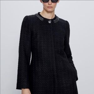 Zara tweed black coat with silver chain collar